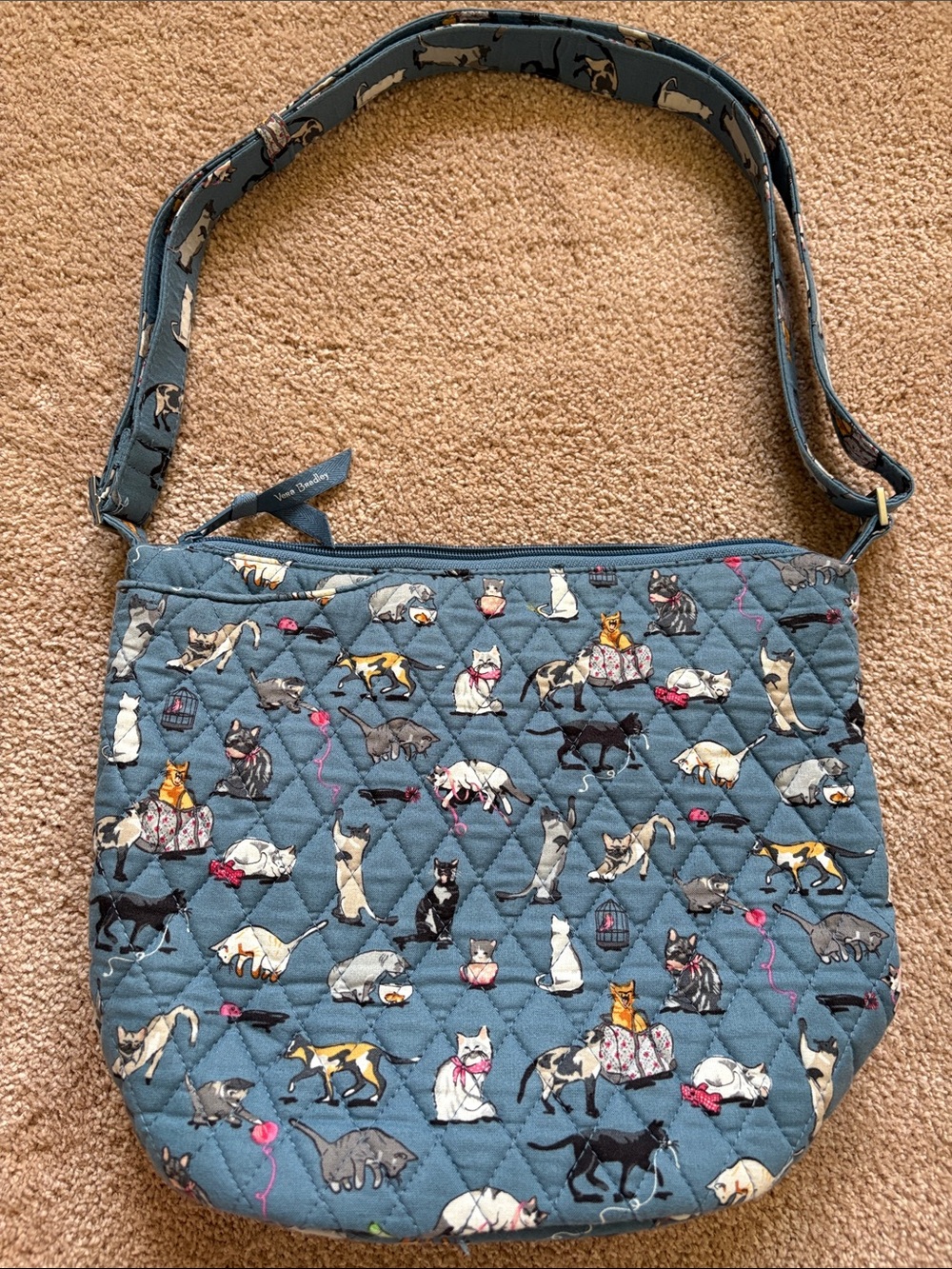 Vera Bradley Cat Meow Bucket BagBlue Quilted Zip Pull Crossbody